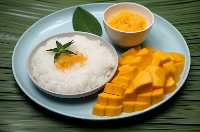 泰国甜品芒果糯米和椰奶装盘摄影实拍,高清,摄影图,摄影图片,图片大全,摄影图免费下载